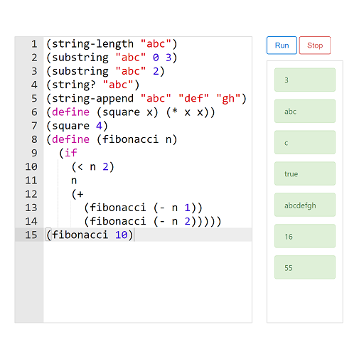 Racket.js browser interpreter evaluating string operations and a Fibonacci function